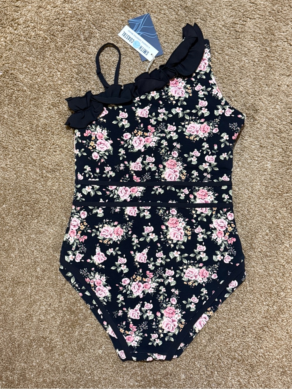 Sleeveless Floral Ruffle One-Shoulder Bodysuit - Black with Pink Floral - Picture 4 of 4